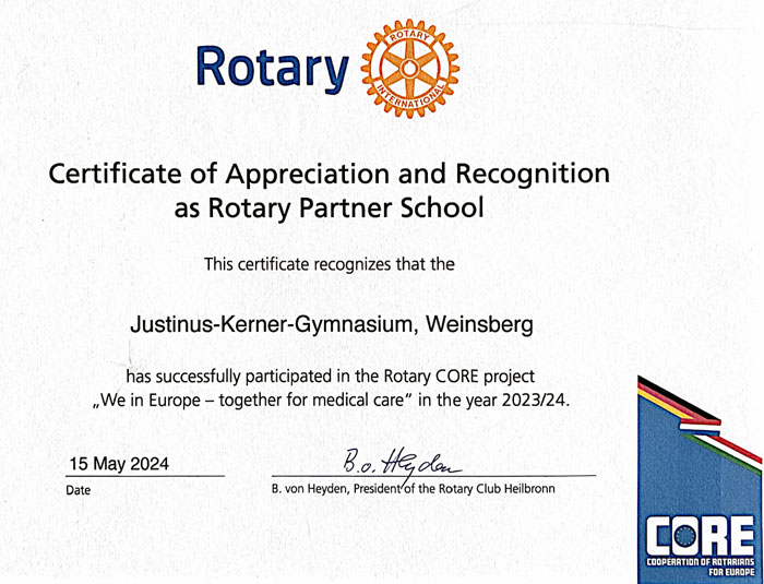 Rotary – Certificate of Appreciation and Recognition as Rotary Partner School