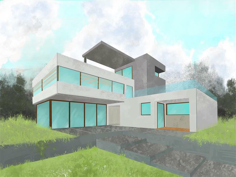 Zeichnung mit Zwei-Punkt-Perspektive einer modernen Villa von Mattis Eckstein (J2), Juli 2022.