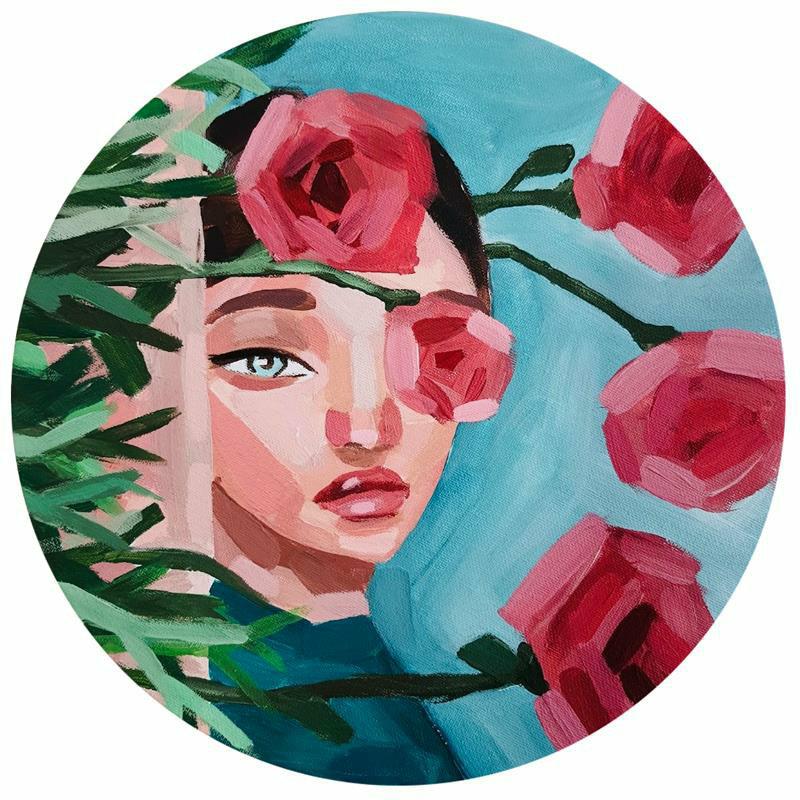 Acrylmalerei auf Leinwand einer jungen Frau, welche in einer Blumenwiese liegt von Sonja Bäuerle (9d), April 2022.
