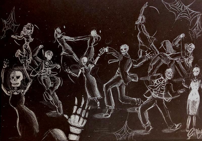 Weiße Zeichnung von tanzenden Skeletten auf schwarzem Papier von Srida Nayak (8d), Oktober 2023.