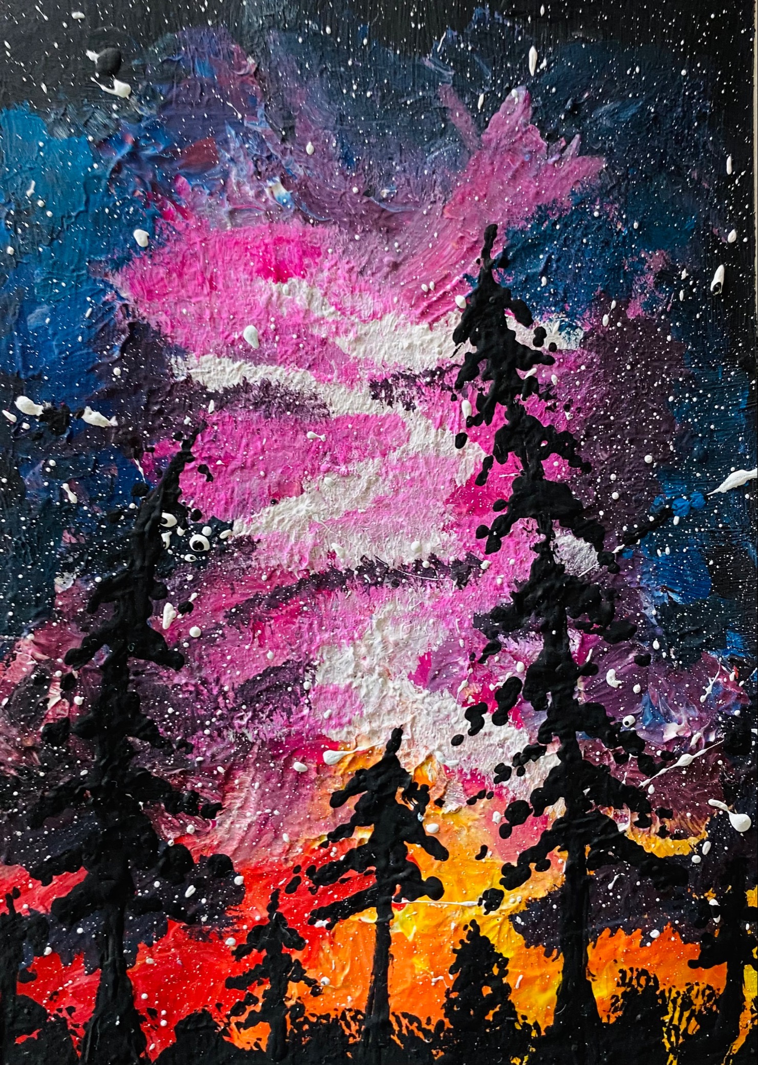 Gemälde mit Acrylfarbe eines schwarzen Waldes und spektakulär bunten Himmels von Parvana Sultani (7b), September 2022.