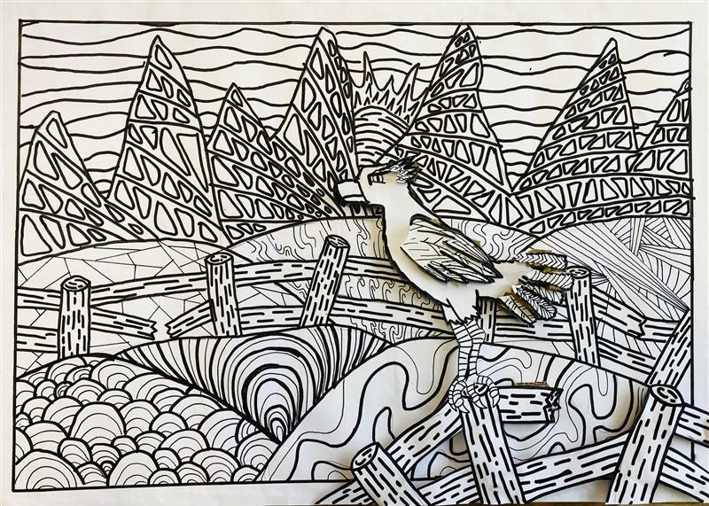 Arbeit aus mehreren Ebenen mit schwarz-weiß Mustern. Landschaft mit einem Vogel auf einem Zaun von Felix Maslok (7a), Februar 2023