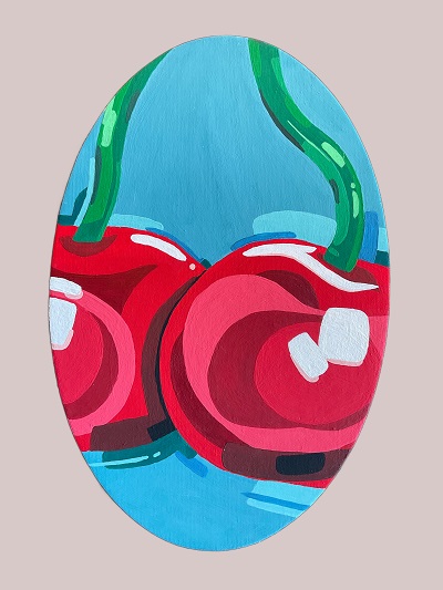 Bild mit Acrylfarben: Zwei Kirschen auf blauem Hintergrund in einem ovalem Ausschnitt von Maja S. (10a), April 2025.