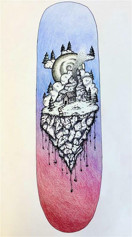 Design einer Skateboardunterseite: Schwarz-weiß Welt auf einem Erdkegel mit Gebirge und Bäumen und ein bunter Hintergrund mit rot-lila-blau Verlauf von Kati Konnerth (8a), Januar 2023