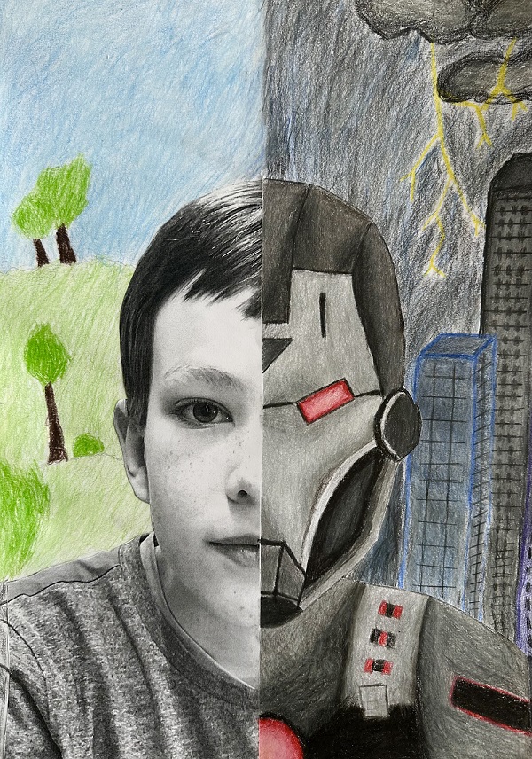 Malte G. (5d) - Thema: „Superhelden-Ich“ (Collage, Zeichnung).
