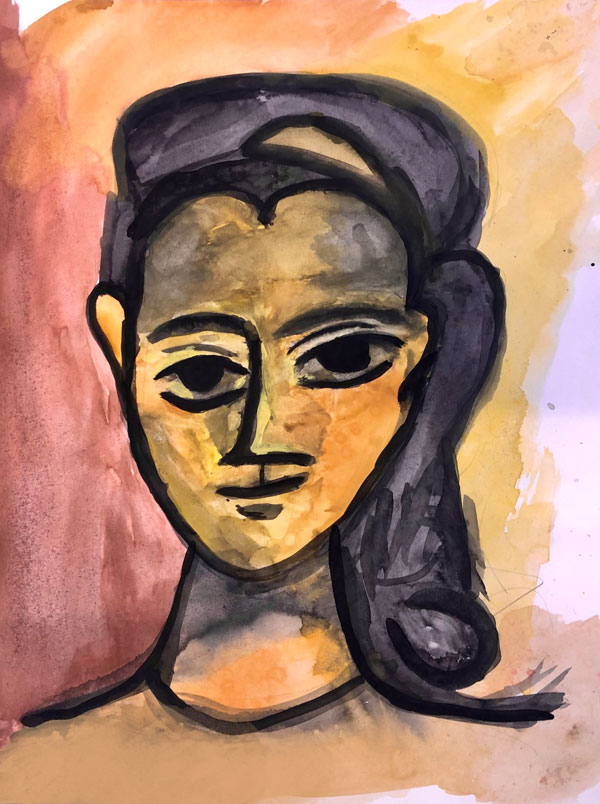 Portrait einer Frau mit schwarzen Haaren aus Wassermalfarben von Savelli Korotkikh (5a), August 2024.