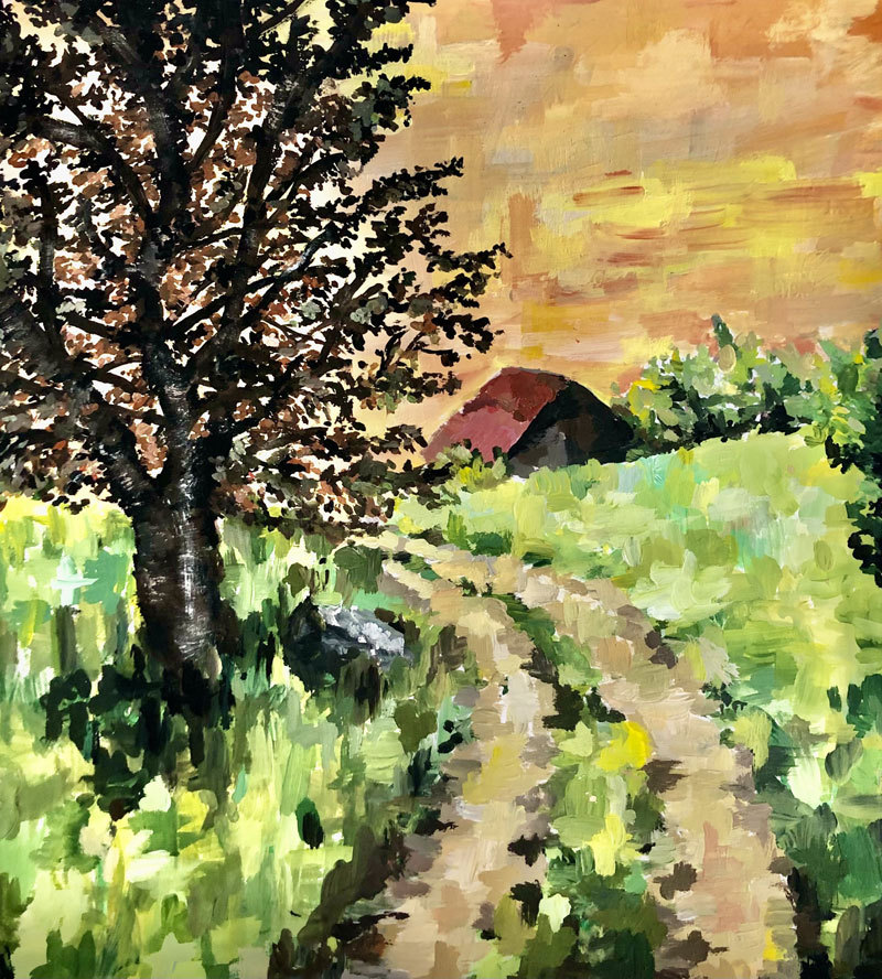 Gemälde einer Landschaft aus Acrylfarne: Baum am Feldrand mit Wiese und Haus von Katarina H. (J1), Mai 2024.