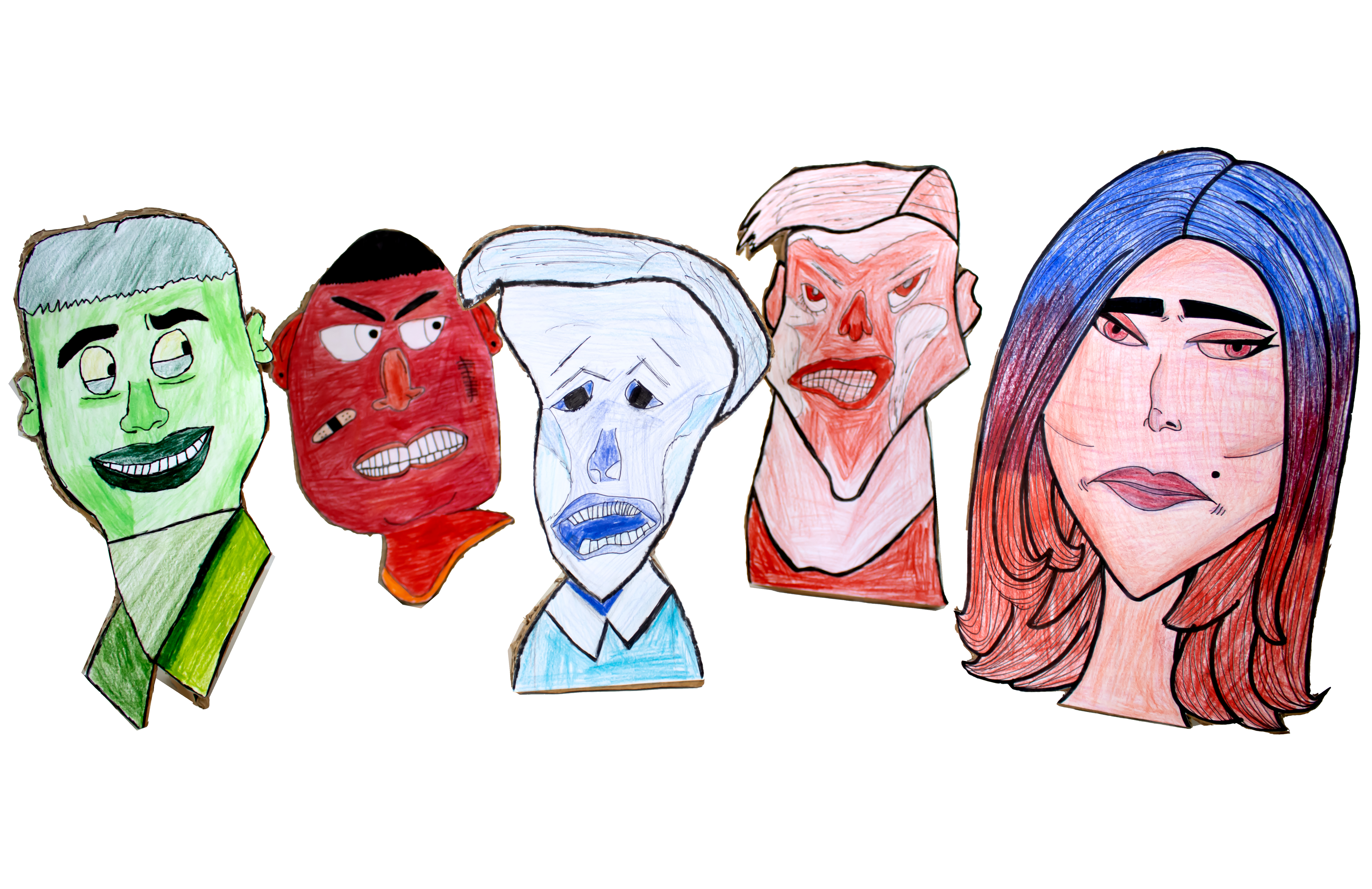 Stilistische Portraitzeichnungen im Animestil von Paul Landes, Nina Zjajo, Yifei Zhang, Mert Evren (6a), März 2022.