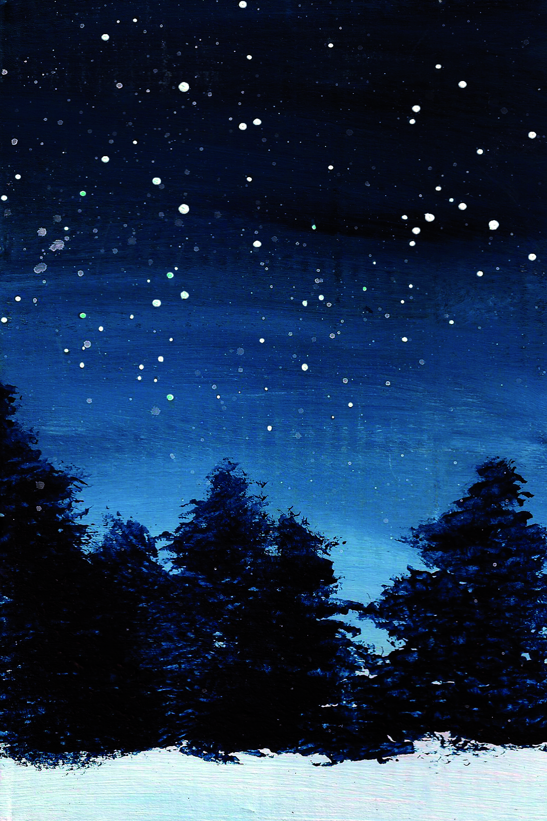 Gemälde aus Acrylfarben. Dunkle Tannen in der Nacht vor einem blau-schwarzen Himmel mit Sternen. Auf dem Boden liegt Schnee. Von Grete Eckstein (6d), Dezember 2021.